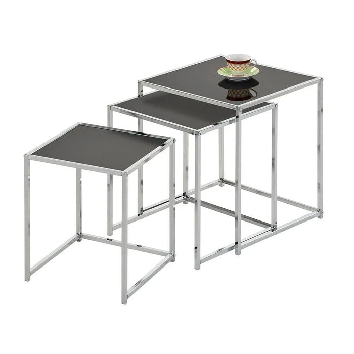 Jorley Glass Nesting Table-Set of 3-Chrome/Black Glass-With 2-Year Warranty
