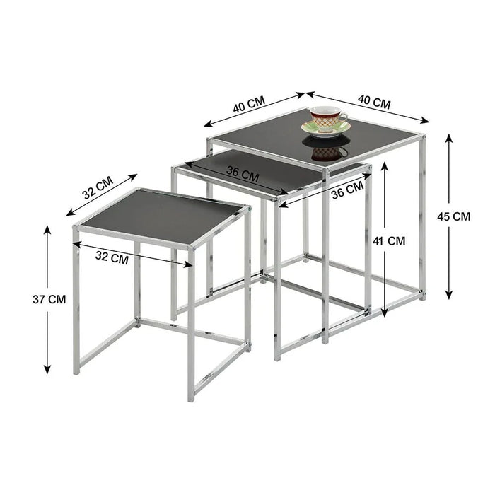 Jorley Glass Nesting Table-Set of 3-Chrome/Black Glass-With 2-Year Warranty