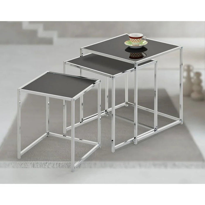 Jorley Glass Nesting Table-Set of 3-Chrome/Black Glass-With 2-Year Warranty