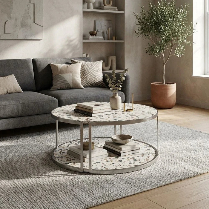 Venveto Round Coffee Table-White Pattern-With 2-Year Warranty