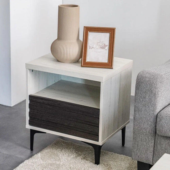 Nicosia End Table with Storage-White Oak/Black-With 2-Year Warranty