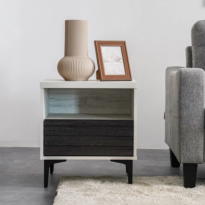Nicosia End Table with Storage-White Oak/Black-With 2-Year Warranty