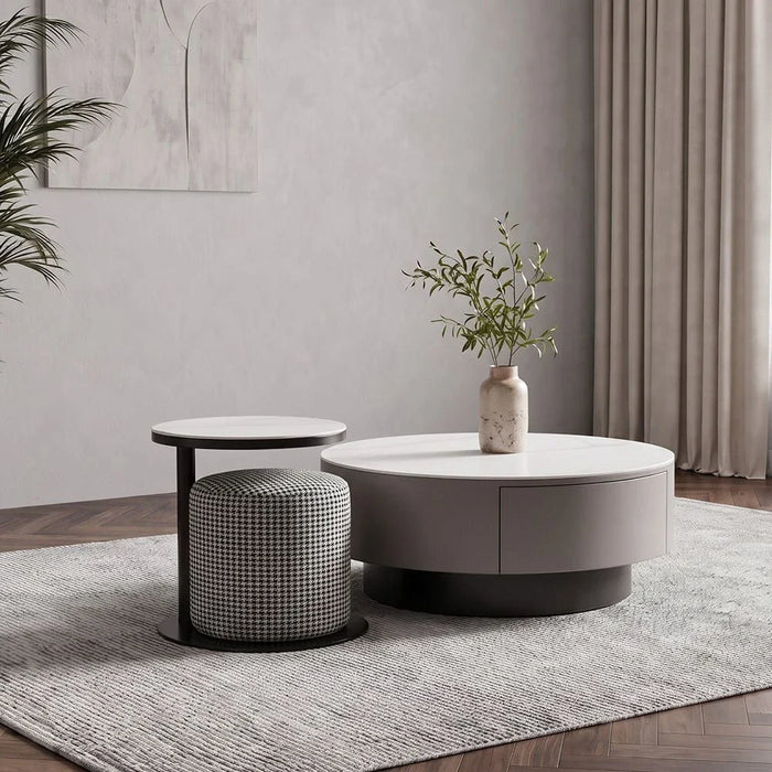 Velarion Round Coffee Table with Stool - Set of 2 - White/Grey - With 2-Year Warranty