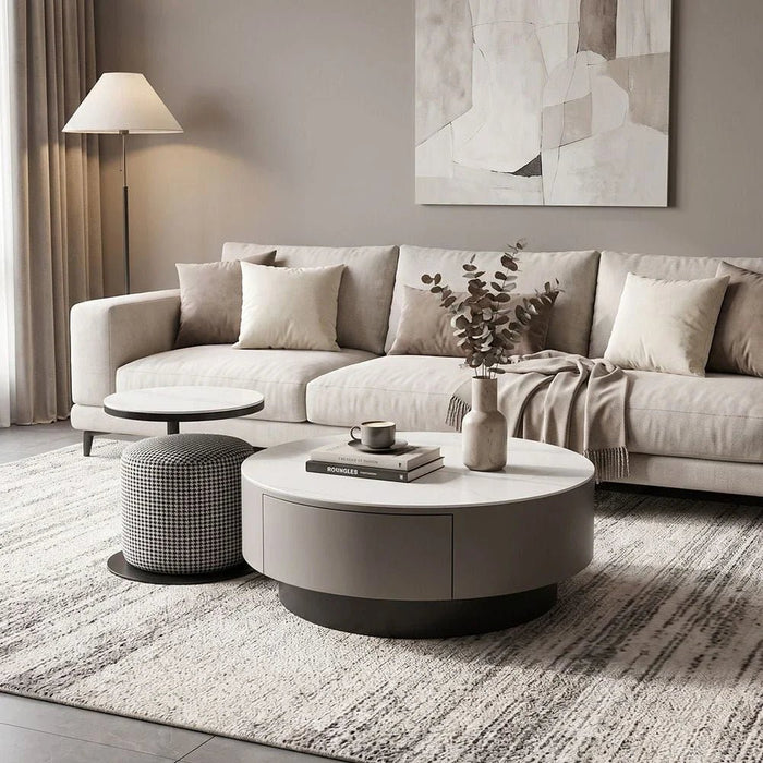 Velarion Round Coffee Table with Stool - Set of 2 - White/Grey - With 2-Year Warranty