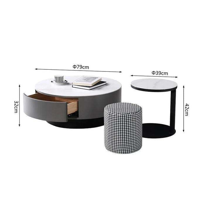 Velarion Round Coffee Table with Stool - Set of 2 - White/Grey - With 2-Year Warranty