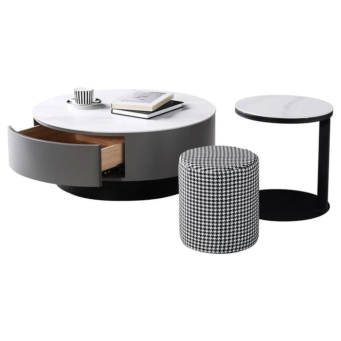 Velarion Round Coffee Table with Stool - Set of 2 - White/Grey - With 2-Year Warranty
