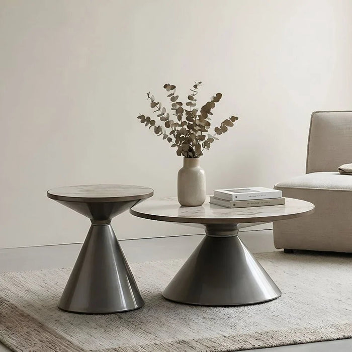Redley Round Coffee Table - Set of 2 - White/Gunmetal Black - With 2-Year Warranty