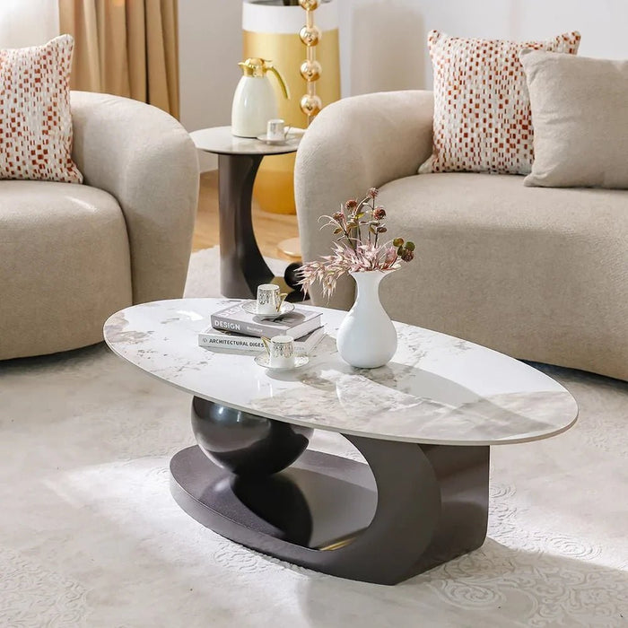 Hamman Round Coffee Table - Set of 2 - White/Beige/Gunmetal Black - With 2-Year Warranty