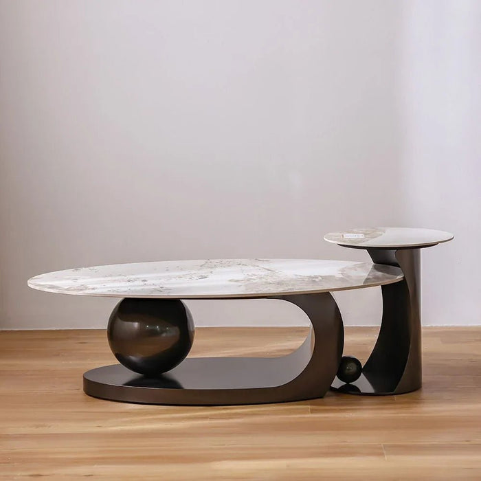 Hamman Round Coffee Table - Set of 2 - White/Beige/Gunmetal Black - With 2-Year Warranty