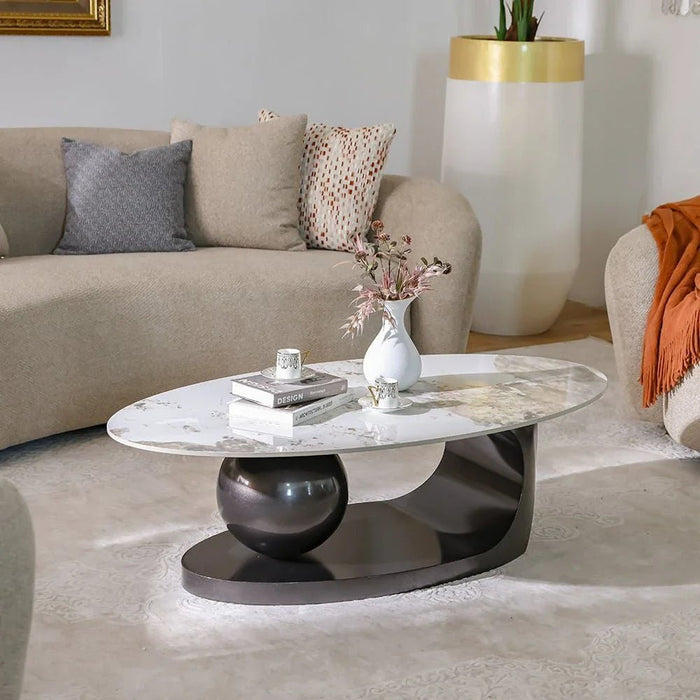 Hamman Round Coffee Table - Set of 2 - White/Beige/Gunmetal Black - With 2-Year Warranty