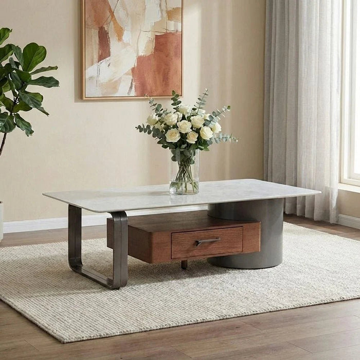 Dustin Coffee Table with Drawer - Light Grey/Gunmetal Black - With 2-Year Warranty