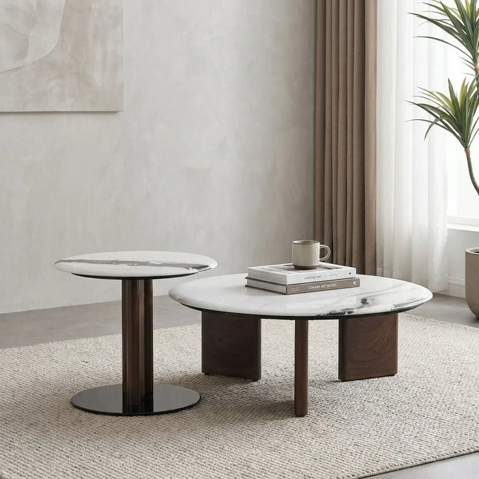 Abba Round Coffee Table - Set of 2 - White/Bronze - With 2-Year Warranty