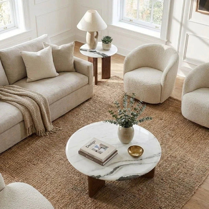 Abba Round Coffee Table - Set of 2 - White/Bronze - With 2-Year Warranty