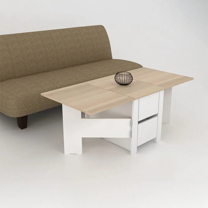 Algeria Foldable Coffee Table With Drawers-White/Oak