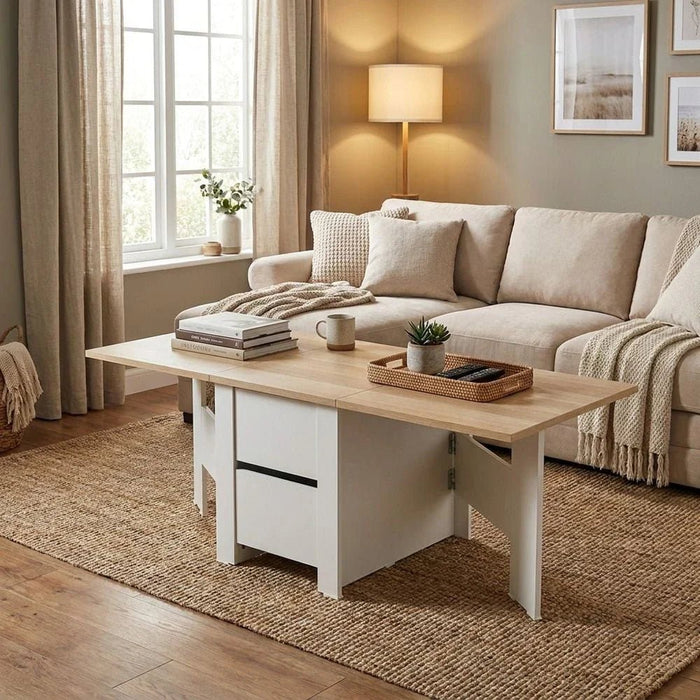 Algeria Foldable Coffee Table With Drawers-White/Oak