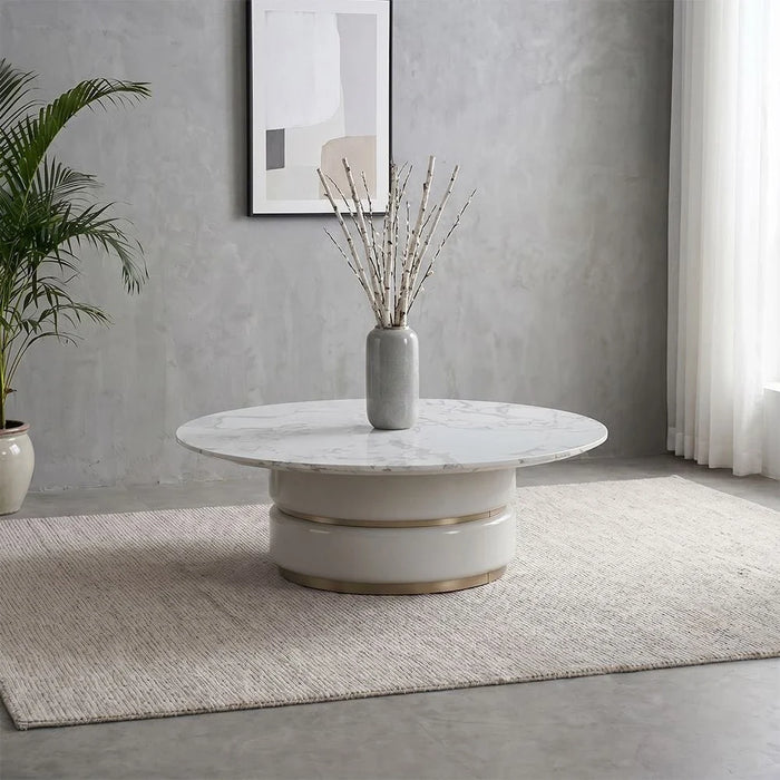 Fortville Medium Round High Gloss Coffee Table - Light Grey/Brushed Light Gold - With 2-Year Warranty