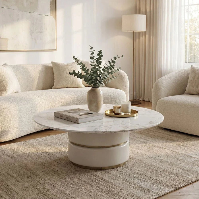 Fortville Medium Round High Gloss Coffee Table - Light Grey/Brushed Light Gold - With 2-Year Warranty