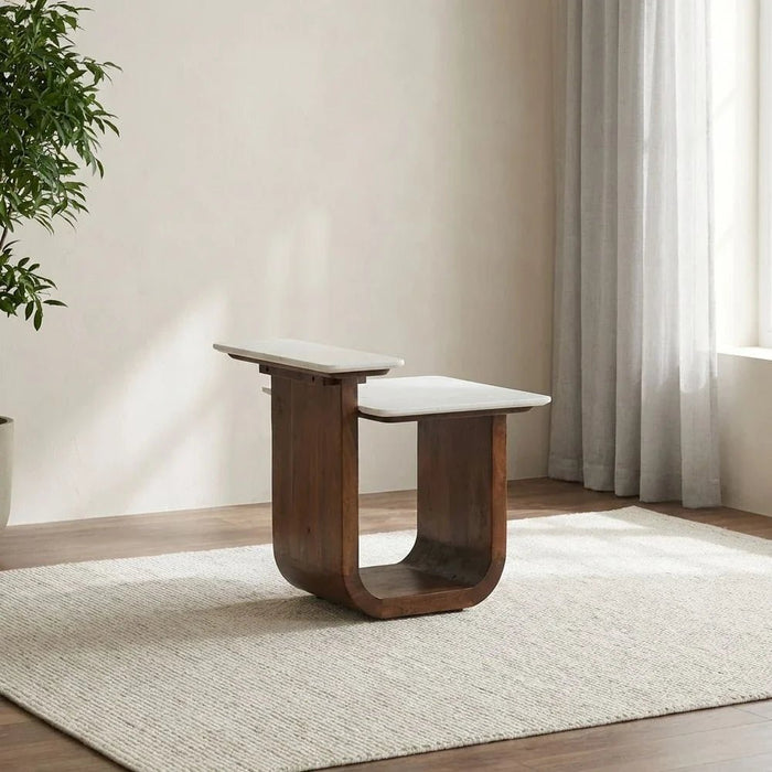 Ashlan Marble Top End Table - White/Oak - With 2-Year Warranty