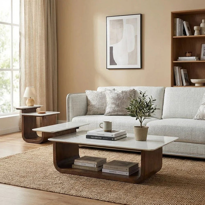 Ashlan Marble Top End Table - White/Oak - With 2-Year Warranty