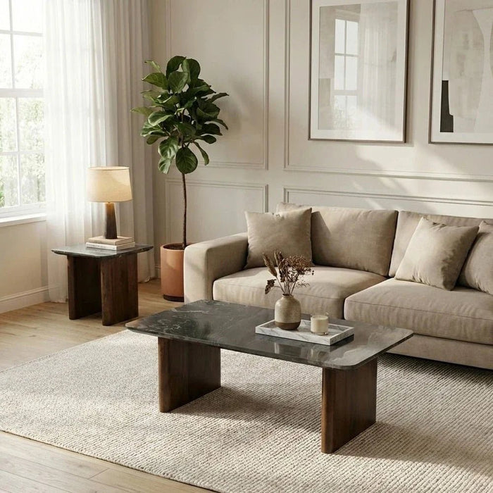 York Marble Top End Table - Black/Walnut - With 2-Year Warranty