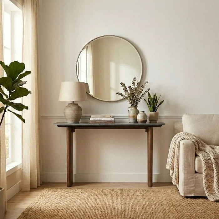 York Marble Top Console Table -Black/Walnut