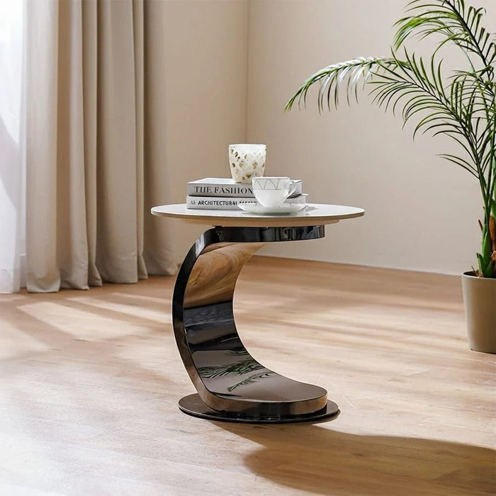 Princetown Sintered Stone Top Round End Table - White/Black Titanium - With 2-Year Warranty