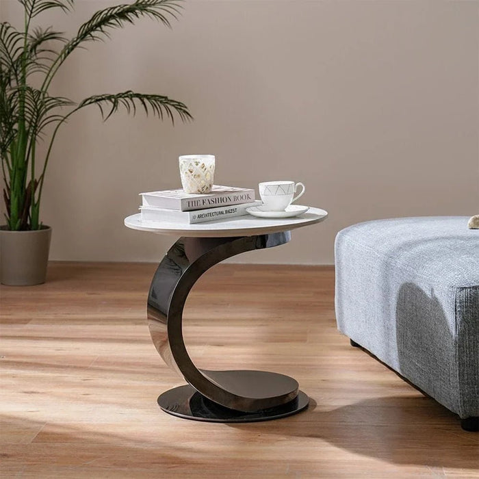 Princetown Sintered Stone Top Round End Table - White/Black Titanium - With 2-Year Warranty