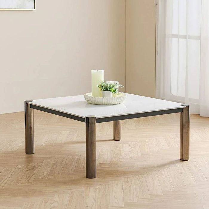 William Sintered Stone Top Square Coffee Table-White/Nickel Black