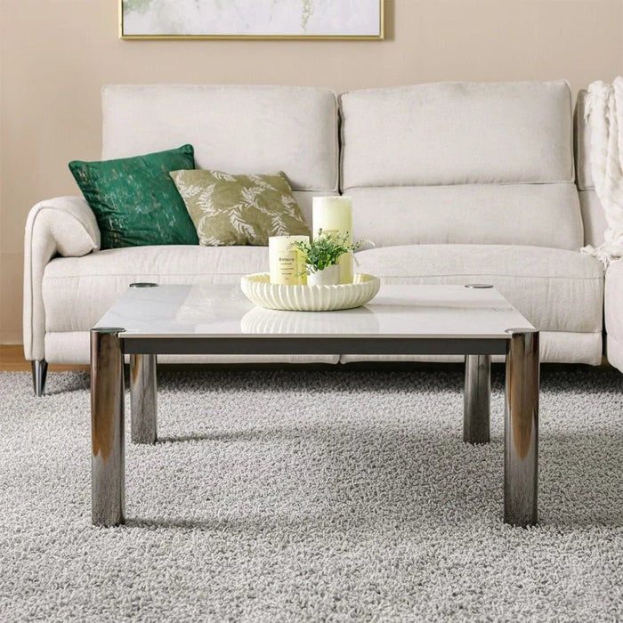 William Sintered Stone Top Square Coffee Table-White/Nickel Black