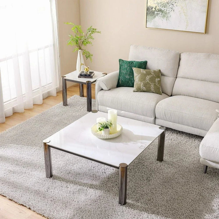William Sintered Stone Top Square Coffee Table-White/Nickel Black