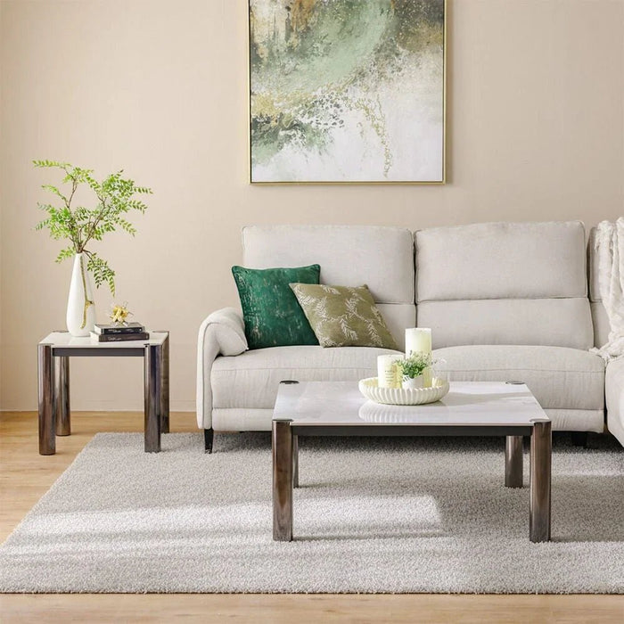 William Sintered Stone Top Square Coffee Table-White/Nickel Black