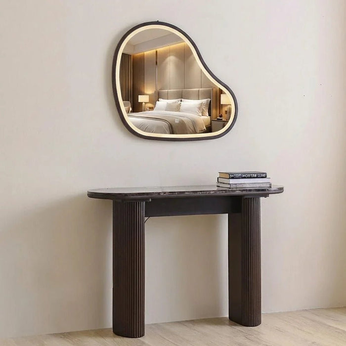 Oboro Marble TopÊ Console Table With Mirror -Brown Pattern/D.Walnut