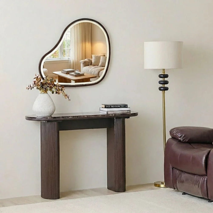 Oboro Marble TopÊ Console Table With Mirror -Brown Pattern/D.Walnut