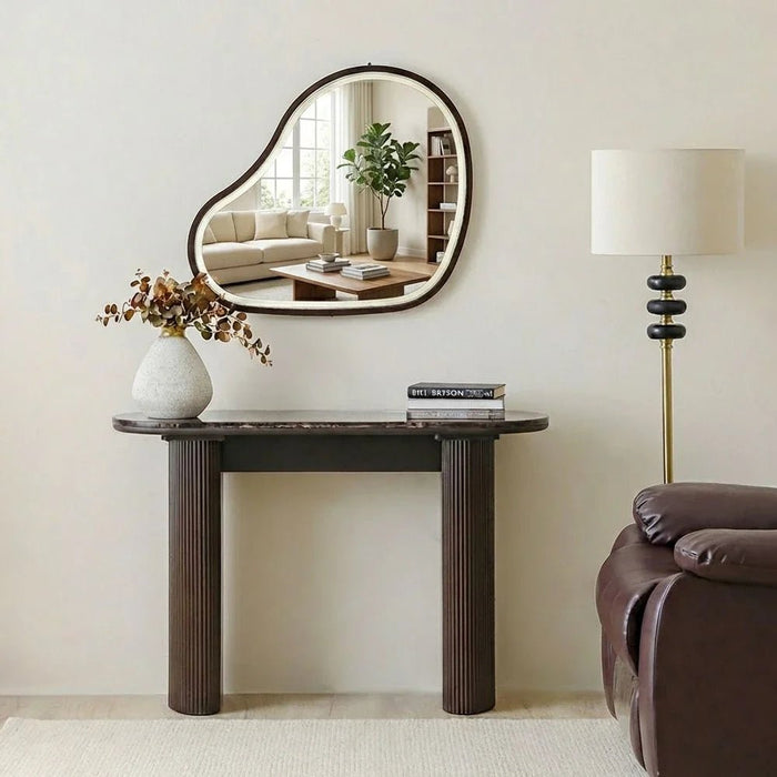 Oboro Marble TopÊ Console Table With Mirror -Brown Pattern/D.Walnut