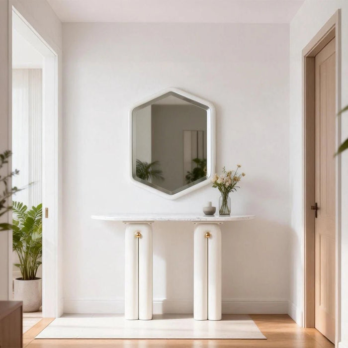 Qasr Marble Top Console Table With  MirrorÊ - White Grey/Pearl White