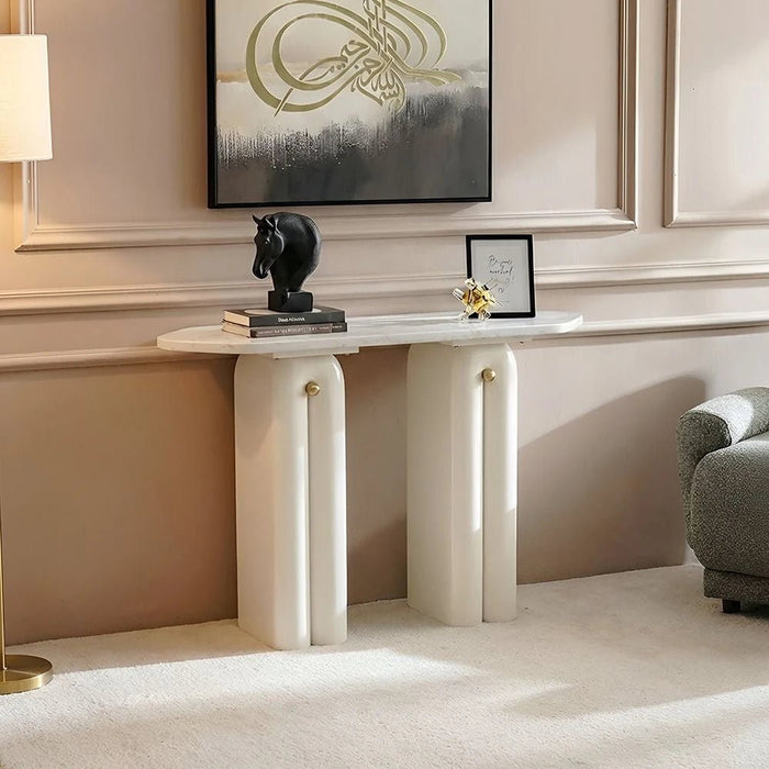 Qasr Marble Top Console Table With  MirrorÊ - White Grey/Pearl White