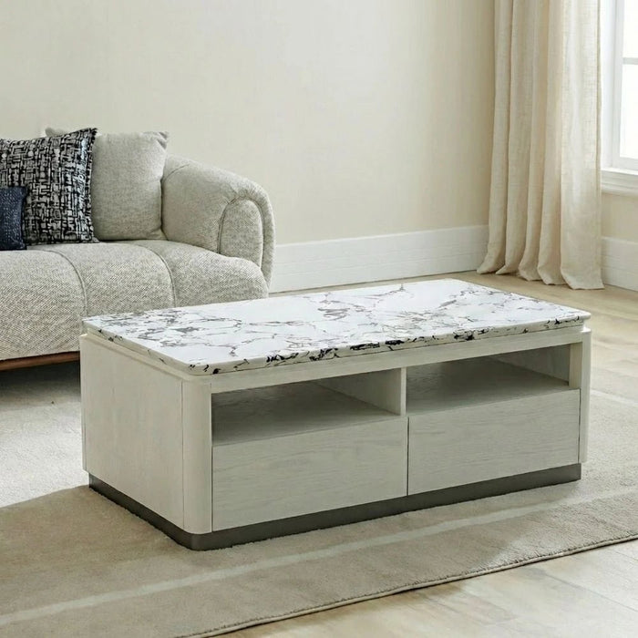Akira Stone Top Coffee Table With 4 Drawers-White/Grey