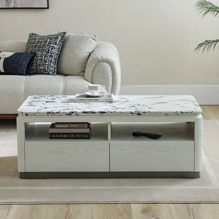 Akira Stone Top Coffee Table With 4 Drawers-White/Grey