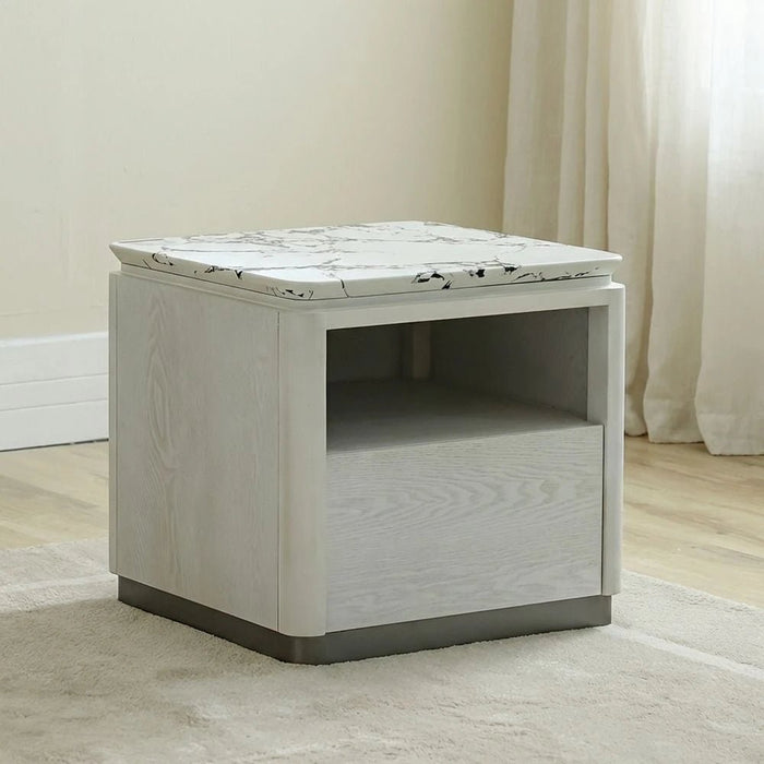 Akira Stone Top End Table With 1 Drawer -White/Grey