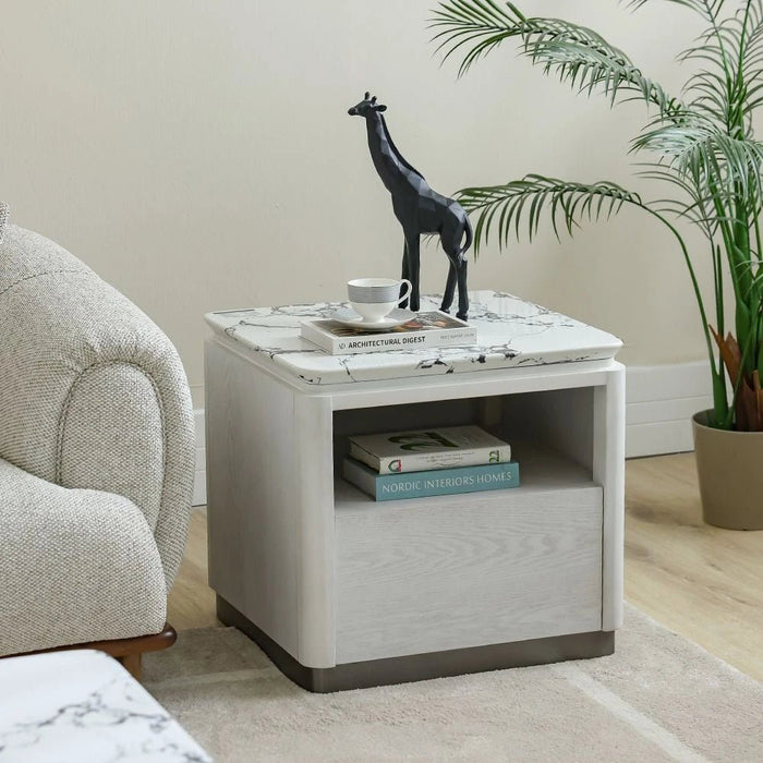 Akira Stone Top End Table With 1 Drawer -White/Grey