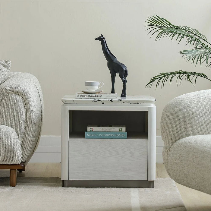 Akira Stone Top End Table With 1 Drawer -White/Grey