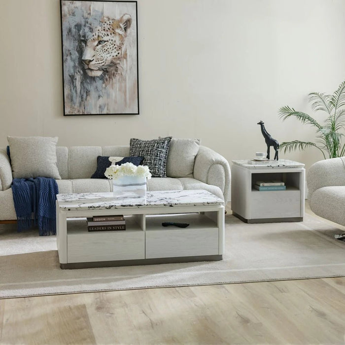 Akira Stone Top End Table With 1 Drawer -White/Grey