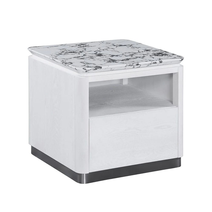 Akira Stone Top End Table With 1 Drawer -White/Grey