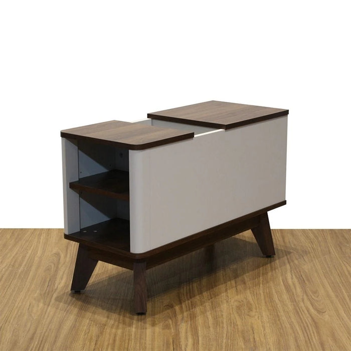 Homy Side Table With  Top Door And Storages -Light Grey/Walnut