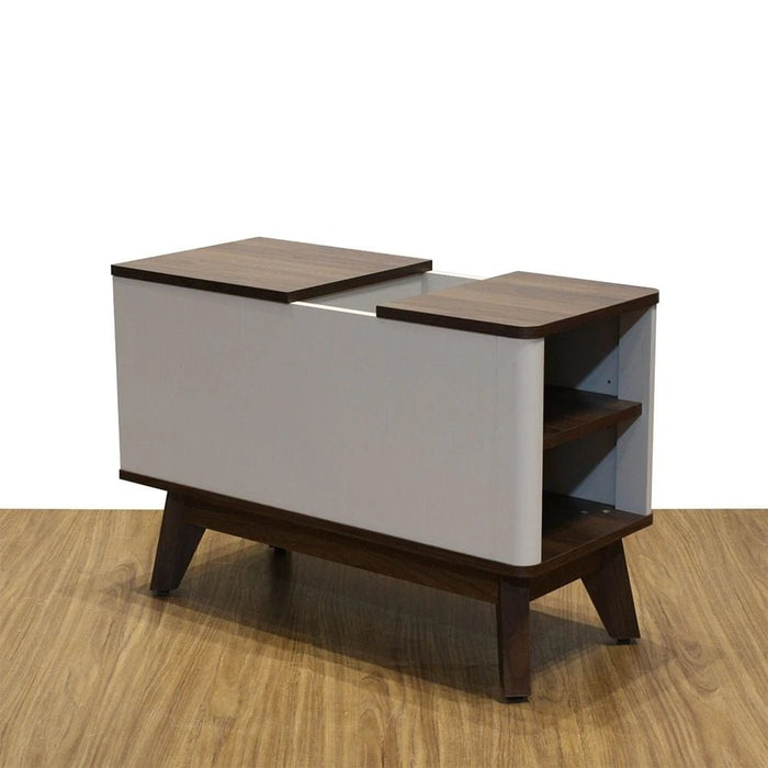 Homy Side Table With  Top Door And Storages -Light Grey/Walnut