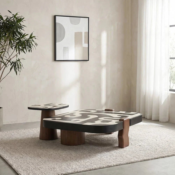Wyler Set of 2 Square Coffee Table With Marble- Brown/Grey pattern