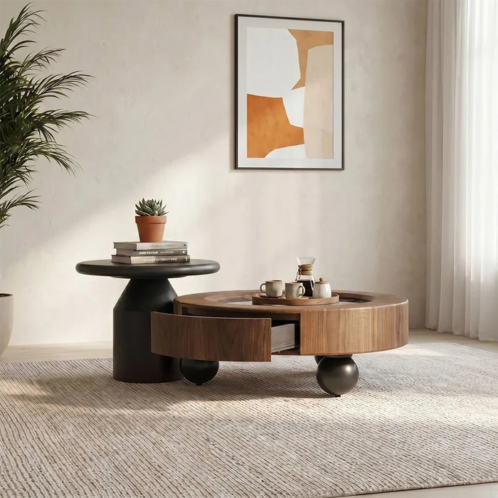 Rayburn Set of 2 Round Coffee & End Table - Walnut/Black
