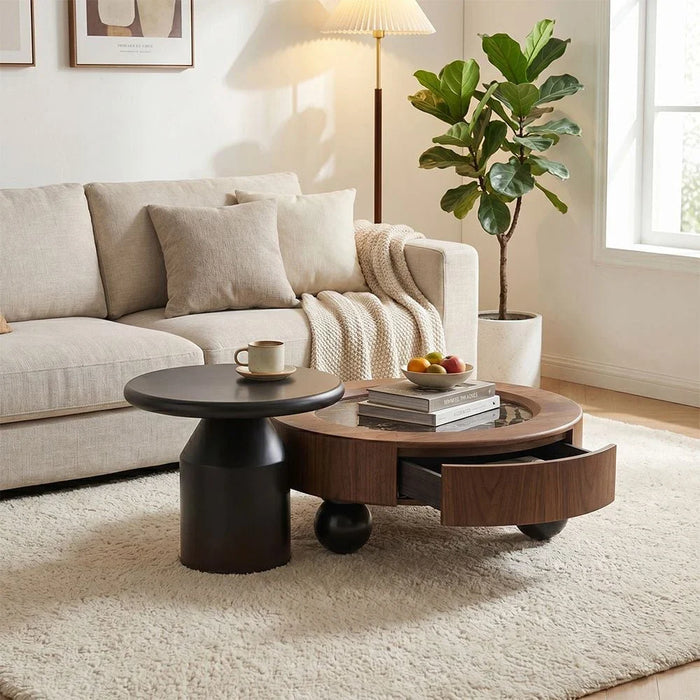 Rayburn Set of 2 Round Coffee & End Table - Walnut/Black
