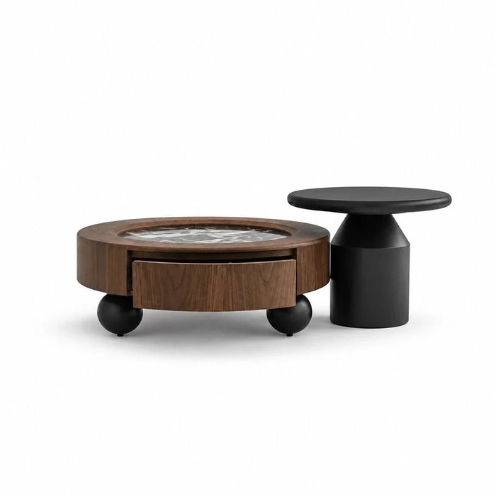 Rayburn Set of 2 Round Coffee & End Table - Walnut/Black