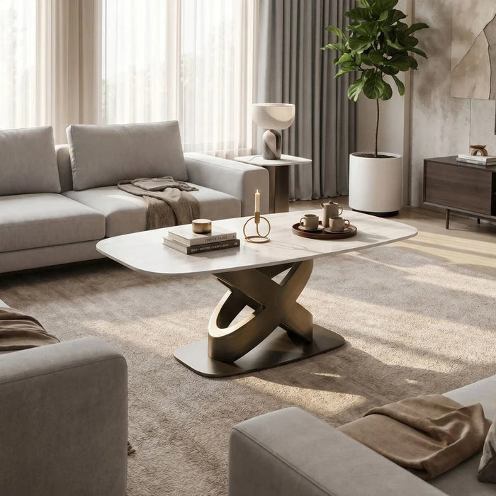Richfield Stone Top Coffee Table - Beige/Silver Grey - With 2-Year Warranty